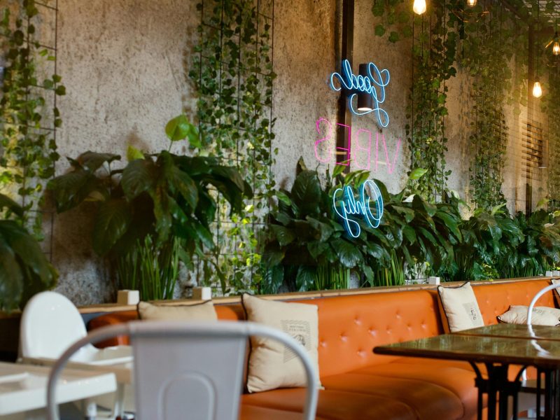 biofilia na arquitetura aplicada em restaurante moderno com plantas naturais