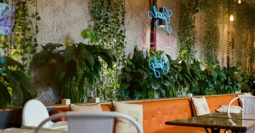 biofilia na arquitetura aplicada em restaurante moderno com plantas naturais